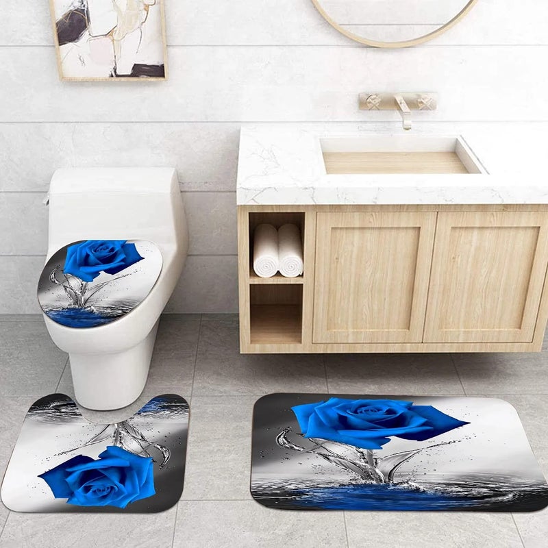 Y&D Printed Blue Flowers and Plants Blue and Grey Shower Curtains Four-piece Set with Bath Rug Seat Cover Mat, Toilet Floor Mats - Image 3