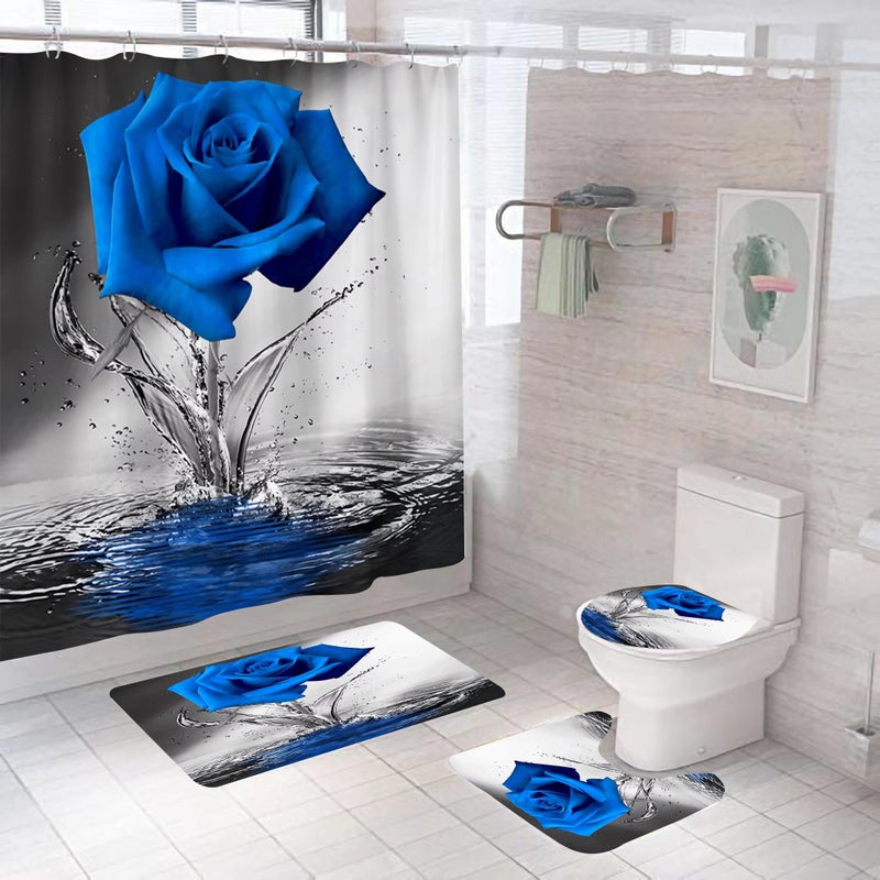 Y&D Printed Blue Flowers and Plants Blue and Grey Shower Curtains Four-piece Set with Bath Rug Seat Cover Mat, Toilet Floor Mats - Image 2