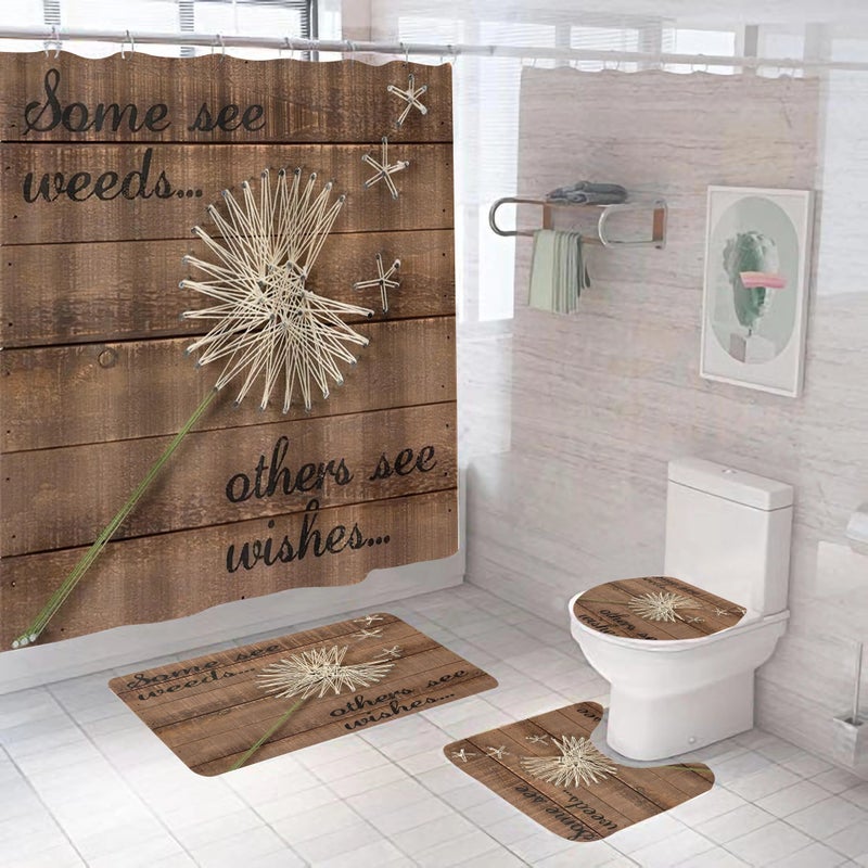 Y&D Printed Blue Flowers and Plants Blue and Grey Shower Curtains Four-piece Set with Bath Rug Seat Cover Mat, Toilet Floor Mats - Image 5