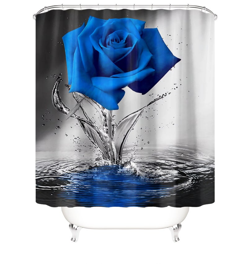 Y&D Printed Blue Flowers and Plants Blue and Grey Shower Curtains Four-piece Set with Bath Rug Seat Cover Mat, Toilet Floor Mats - Image 4