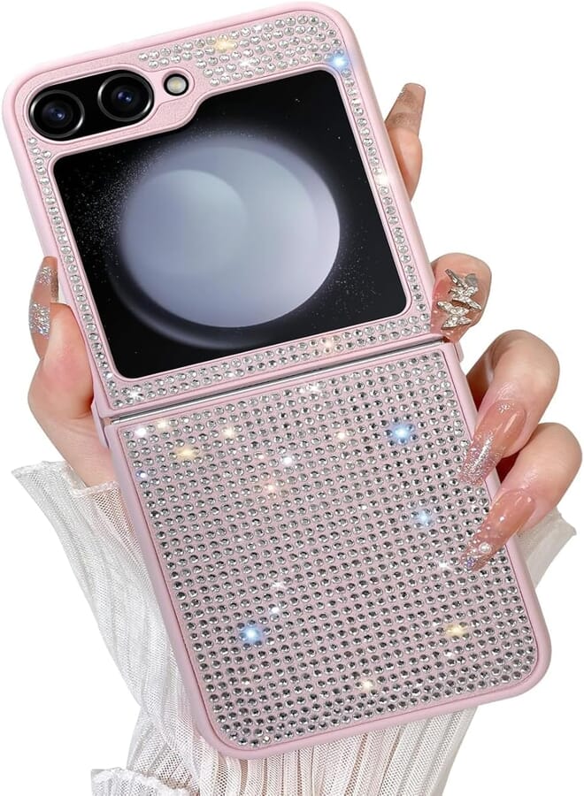 Next Next Store Compatible with Samsung Galaxy Z Flip 3 Case for Women Girls, Bling Sparkle Anti-Slip, Shockproof Full Protection Flip Case, Stylish Sparkle Design (Pink)