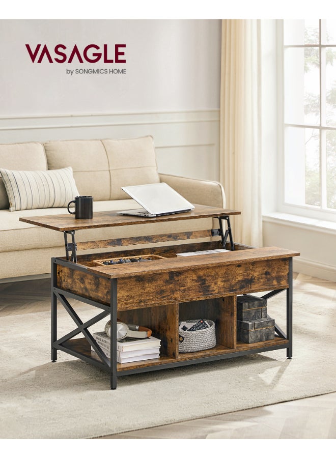 VASAGLE طاولة قهوة قابلة للرفع من فاساجل مع تخزين مفتوح ومخفي، قضبان على شكل X، 60 × 100 × (48-62) سم، بني ريفي وأسود - Image 3