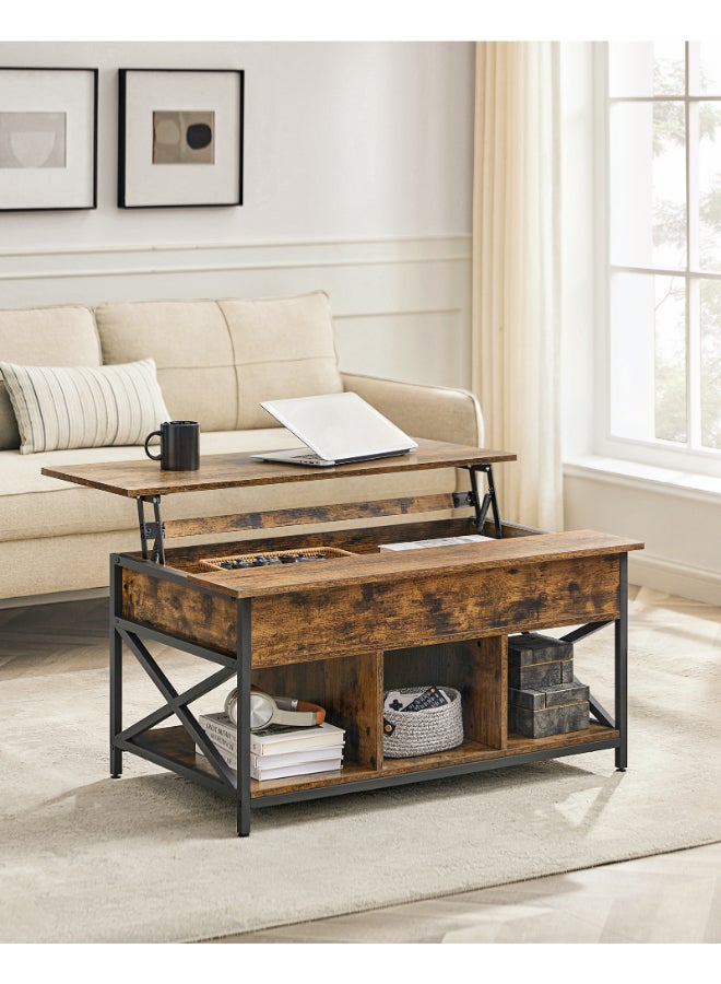 VASAGLE طاولة قهوة قابلة للرفع من فاساجل مع تخزين مفتوح ومخفي، قضبان على شكل X، 60 × 100 × (48-62) سم، بني ريفي وأسود - Image 4