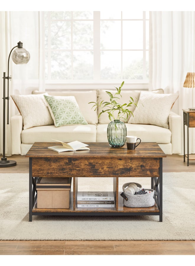 VASAGLE طاولة قهوة قابلة للرفع من فاساجل مع تخزين مفتوح ومخفي، قضبان على شكل X، 60 × 100 × (48-62) سم، بني ريفي وأسود - Image 5