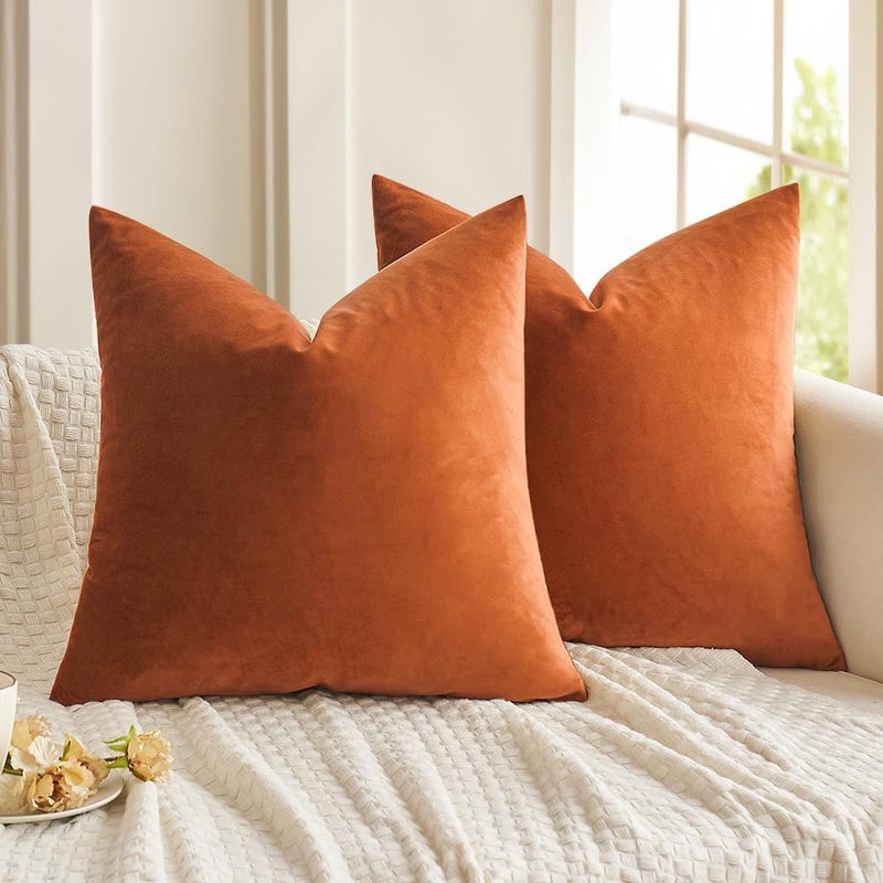 MIULEE Pack of 2 Velvet Soft Solid Pillow Covers Decorative Square Fall Throw Pillow Covers Set Fall Cushion Cases for Sofa Bedroom Car 20x20 Inch 50x50 Cm Orange - Image 1