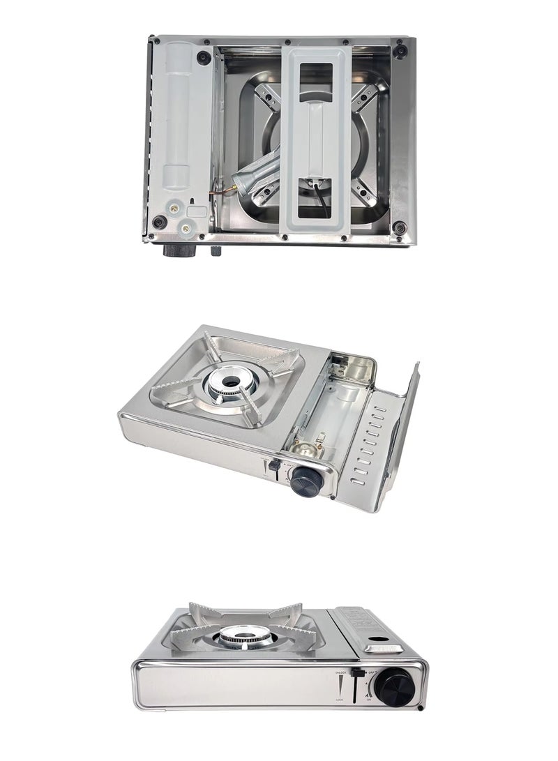 DBLEW Portable Dual Fuel Camping Gas Stove  Single Burner with Butane and LPG (Propane) Compatibility, Automatic Piezo Ignition, Safety Lock System, Lightweight Stainless Steel Design, Includes Carrying Case for Home Kitchen, Outdoor Cooking, Camping, BBQs, Hiking, and Emergency Use - Image 4
