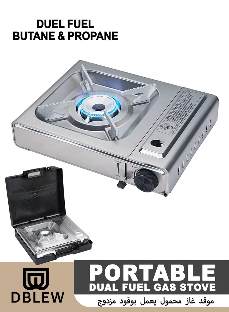 DBLEW Portable Dual Fuel Camping Gas Stove  Single Burner with Butane and LPG (Propane) Compatibility, Automatic Piezo Ignition, Safety Lock System, Lightweight Stainless Steel Design, Includes Carrying Case for Home Kitchen, Outdoor Cooking, Camping, BBQs, Hiking, and Emergency Use - Image 1