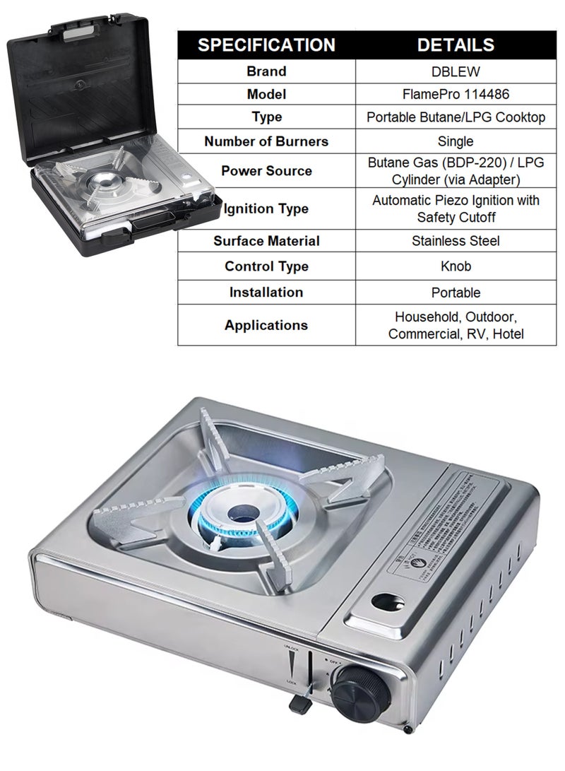 DBLEW Portable Dual Fuel Camping Gas Stove  Single Burner with Butane and LPG (Propane) Compatibility, Automatic Piezo Ignition, Safety Lock System, Lightweight Stainless Steel Design, Includes Carrying Case for Home Kitchen, Outdoor Cooking, Camping, BBQs, Hiking, and Emergency Use - Image 2