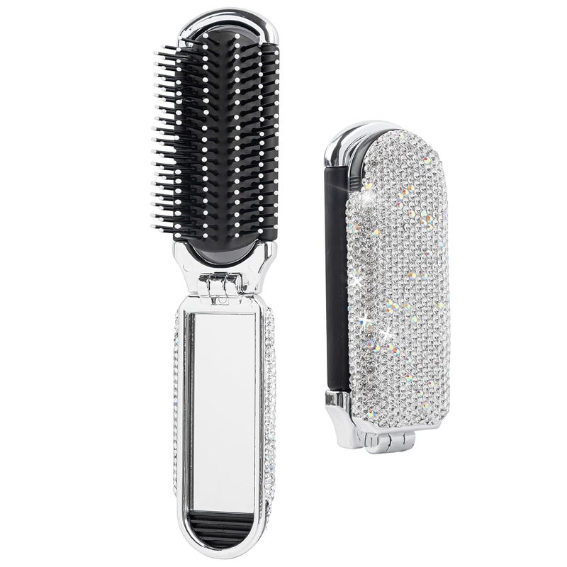 Framendino Rhinestone Travel Hair Brush with Mirror Crystal Portable Folding Pocket Sparkle Collapsible Compact Comb for Women Silver