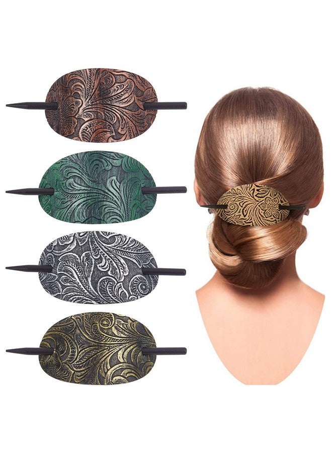 NICENEEDED 4Pcs Leather Hair Barrettes Vintage Faux Leather Hair Clips With Stick Oval Shape Leather Ponytail Holders Hair Slide Hair Accessories For Women Girls - Image 1