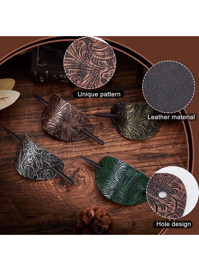 NICENEEDED 4Pcs Leather Hair Barrettes Vintage Faux Leather Hair Clips With Stick Oval Shape Leather Ponytail Holders Hair Slide Hair Accessories For Women Girls - Image 4
