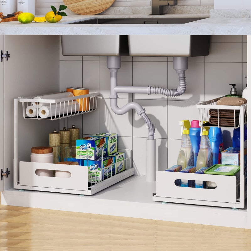 UINOFLE 2 Pack Under Sink Organizer 2 Tier Under Sink Organizers and Storage MultiPurpose Under Sink Storage for Bathroom Kitchen White