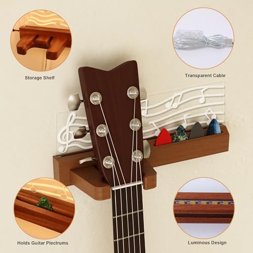 CoolGift Mart Guitar Wall Mount Stand with LED Lights - Solid Wood & Acrylic USB-Powered Guitar Accessories - Gift for Men, Guitar Players, Music Lovers (for Acoustic, Electric Bass, Ukulele) - Image 3