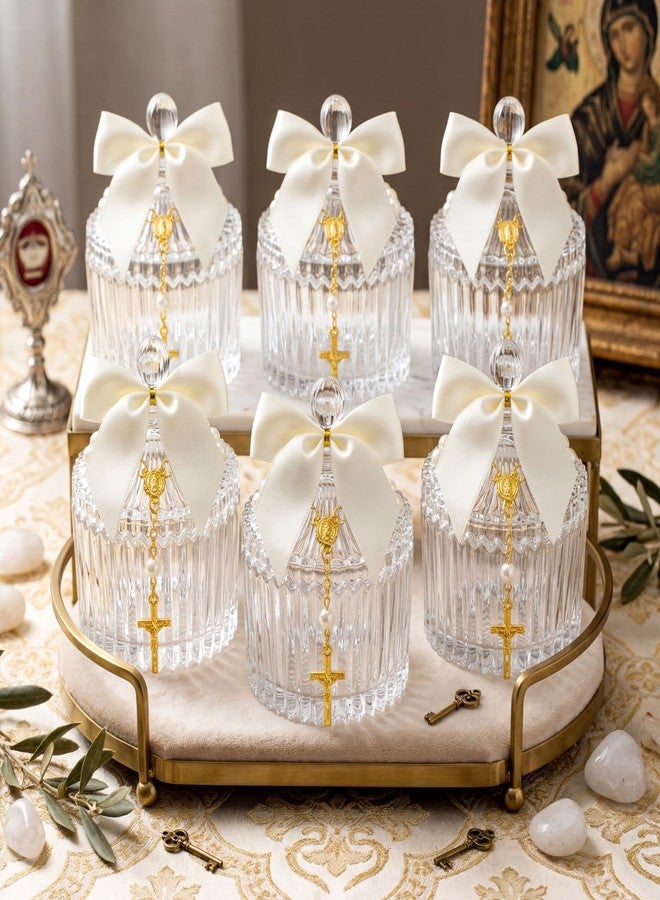 Chuangdi 6 Sets 24 Pcs Baptism Favors for Guests Crystal Candy Bowl Gifts with 6 Pcs Cross Rosary for Baptism Decorations Wedding Baby Shower Supplies First Communion Party(White) - Image 1