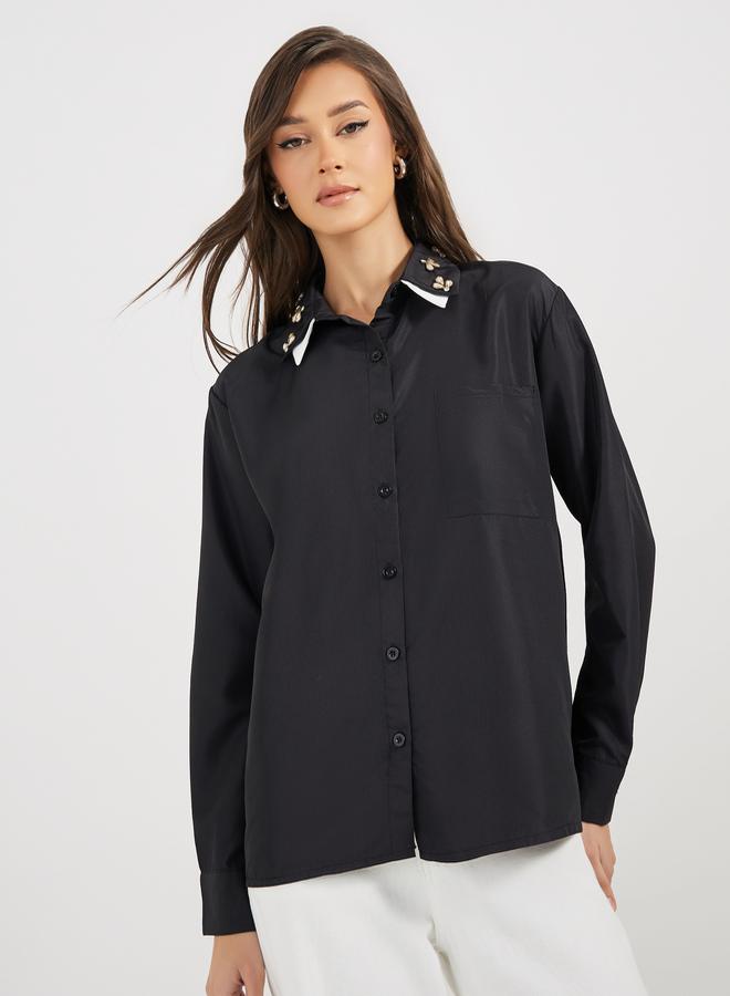 Styli Double Contrast Embellished Collar Loose Fit Shirt  - Image 1