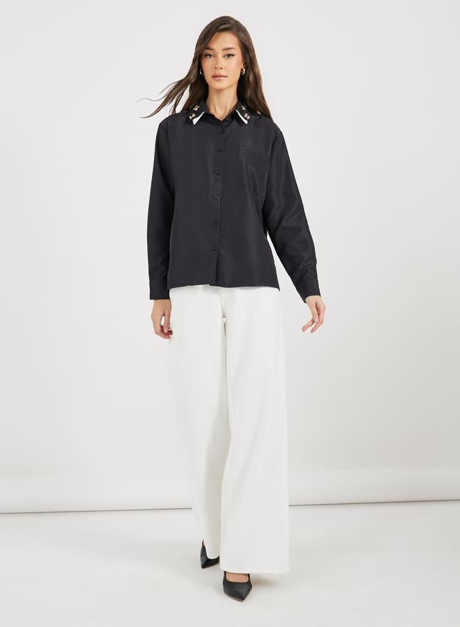 Styli Double Contrast Embellished Collar Loose Fit Shirt  - Image 2