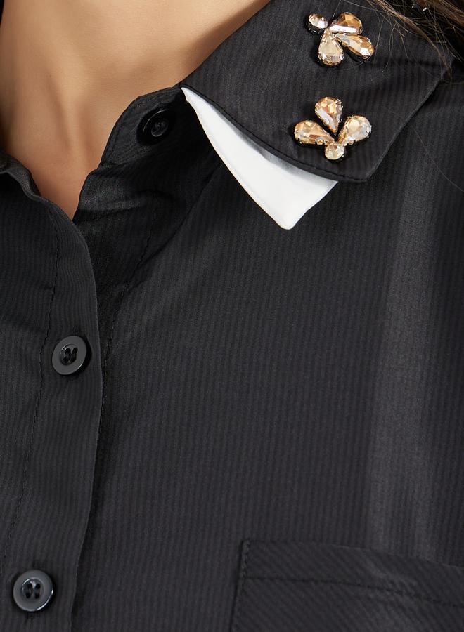 Styli Double Contrast Embellished Collar Loose Fit Shirt  - Image 3