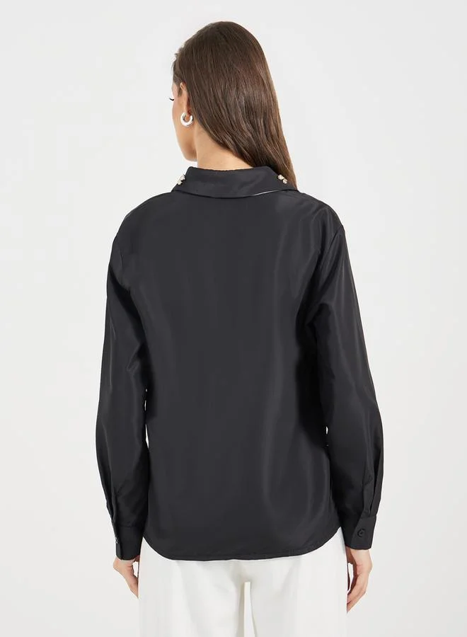 Styli Double Contrast Embellished Collar Loose Fit Shirt