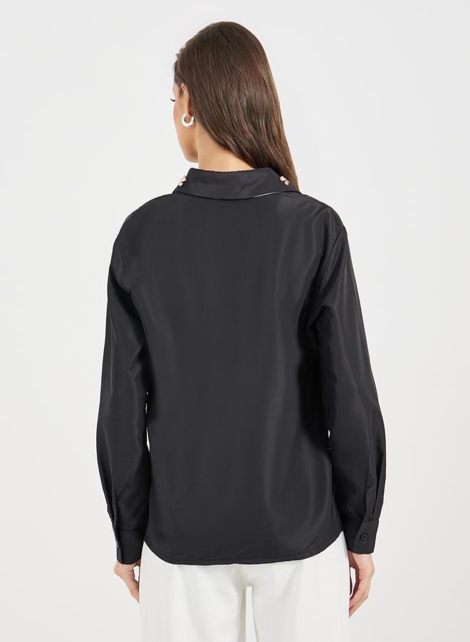 Styli Double Contrast Embellished Collar Loose Fit Shirt  - Image 4