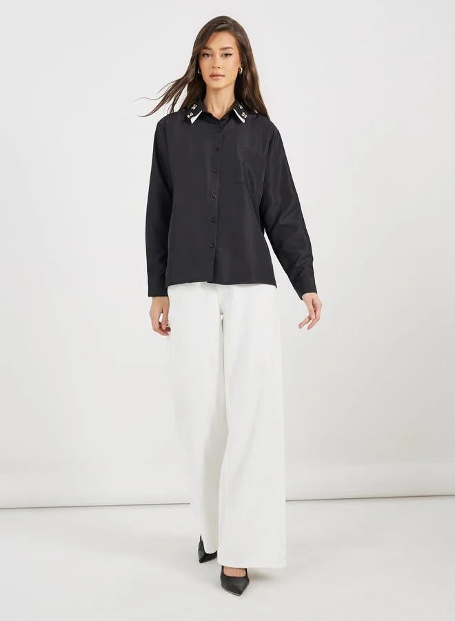 Styli Styli Double Contrast Embellished Collar Loose Fit Shirt