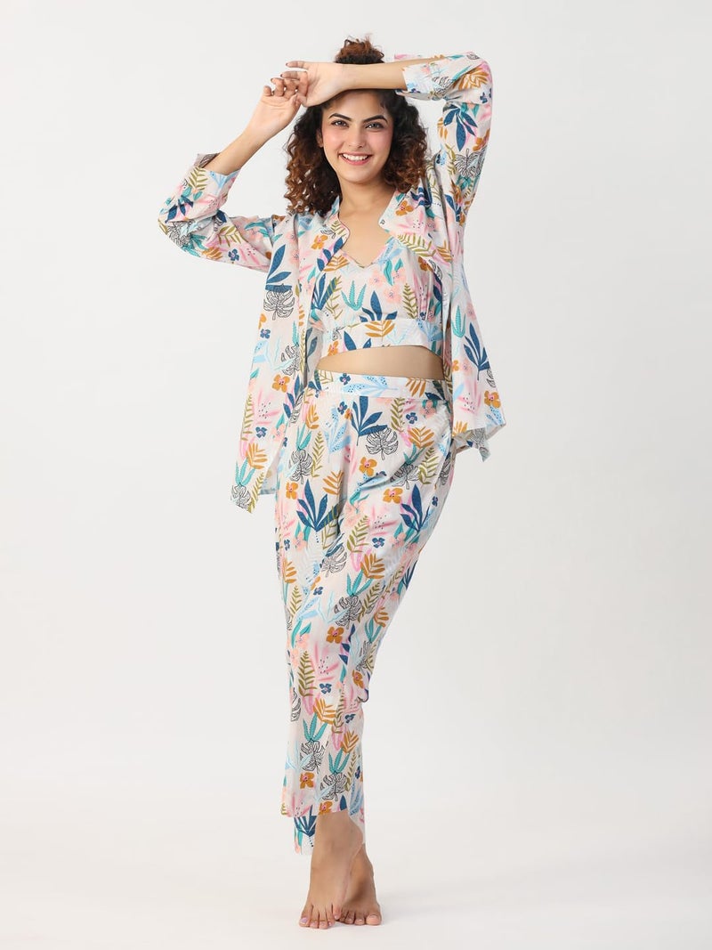 SAY Women's Cotton Night Suit Set Cami with Shirt and Pyjama Lounge Wear Night Dress (Multicolor, Large) - Image 5