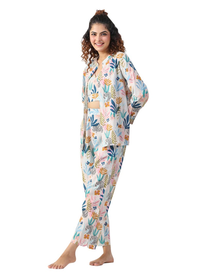 SAY Women's Cotton Night Suit Set Cami with Shirt and Pyjama Lounge Wear Night Dress (Multicolor, Large) - Image 1