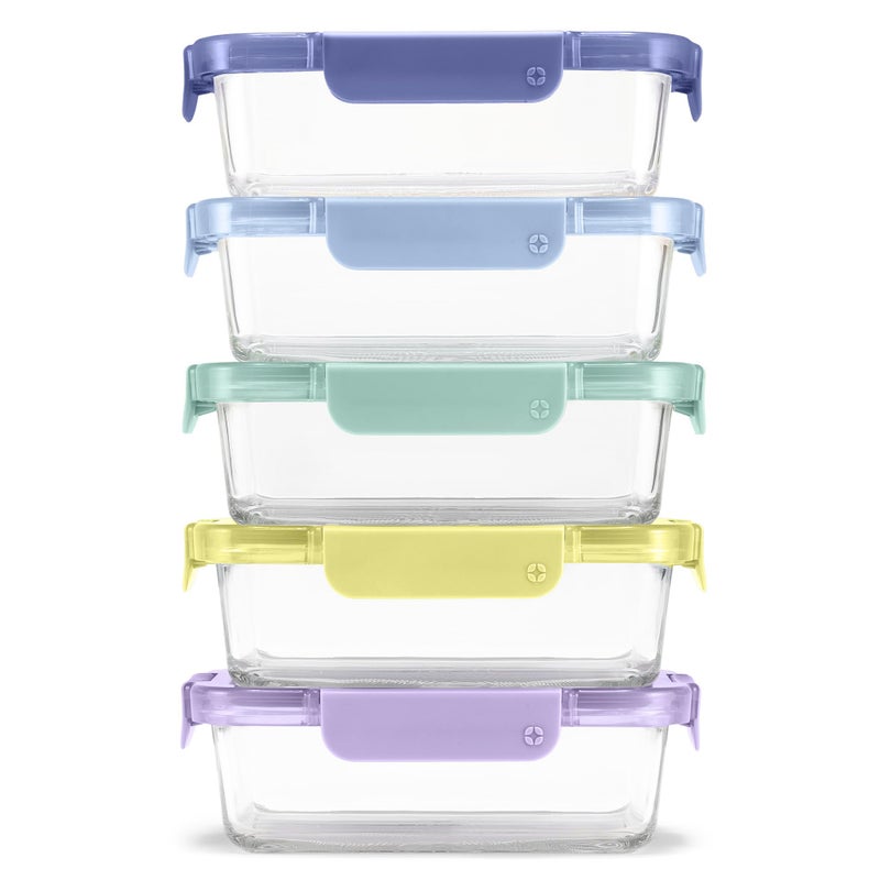 Ello Color Lock 3.4 Cup 10PC, 5 Pack Glass Meal Prep Sets Leak-Proof Glass Food Storage Containers with Airtight BPA-Free Plastic Lids, Dishwasher, Microwave, and Freezer Safe, Purple Rain - Image 1