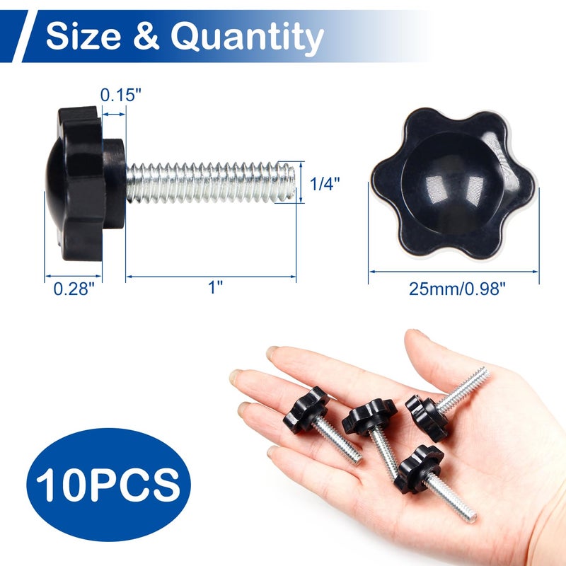 MroMax 10Pcs 1/4"-20 x 1 Threaded Knurled Thumb Nuts, Black Plastic Knobs Clamping Screws, Grip Knob Screw for Replacing Umbrella Base - Image 3