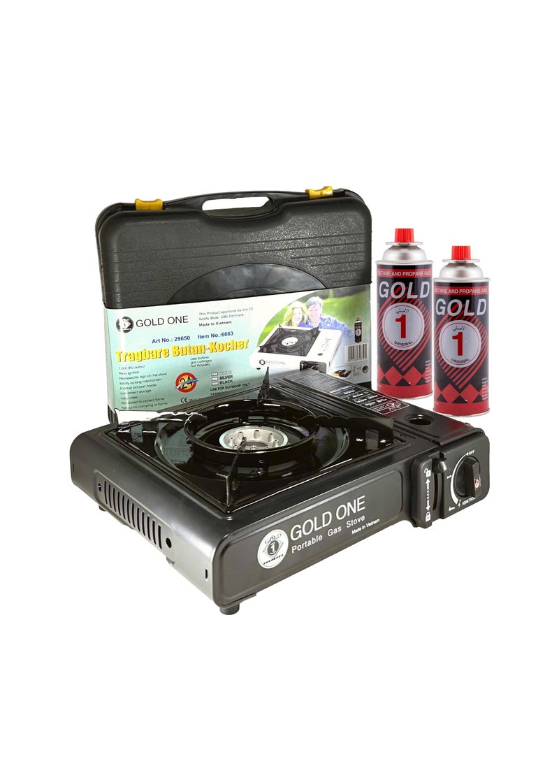 GOLD ONE 4-Piece Camping Stove with Butane Gas Catridge-Two Way Black 35cm 