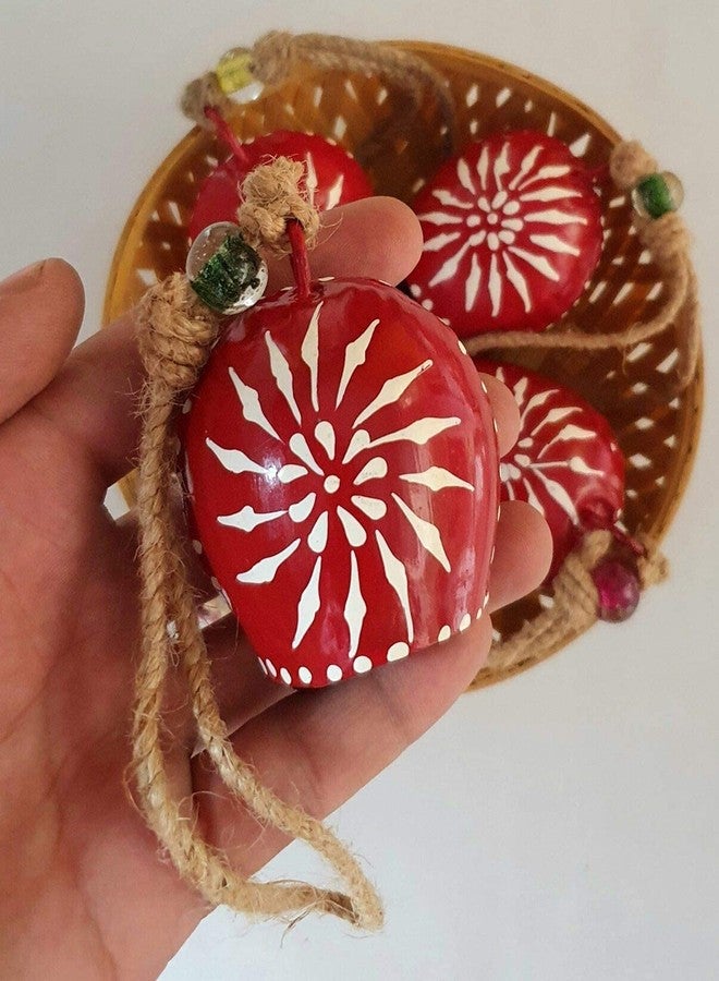 Carfar Red Hand Painted Festive Decor Cow Bells Set of 10 with Jute Ropes - Image 2