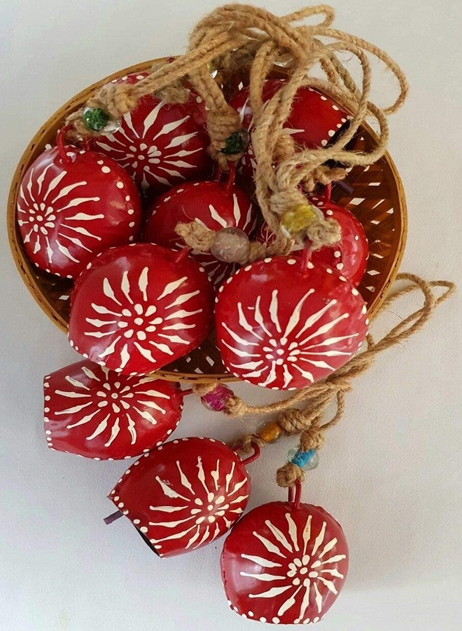 Carfar Red Hand Painted Festive Decor Cow Bells Set of 10 with Jute Ropes - Image 1