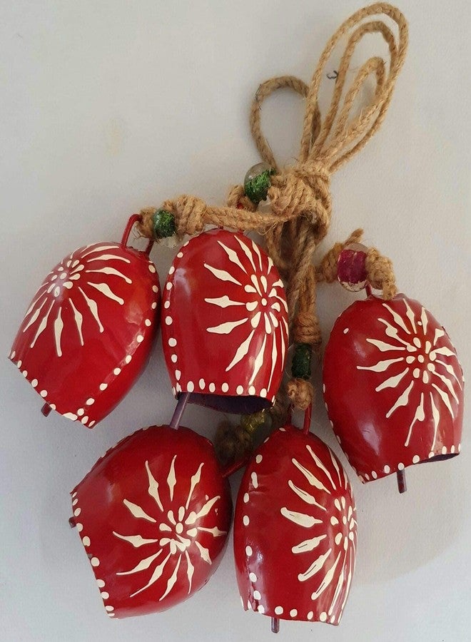 Carfar Red Hand Painted Festive Decor Cow Bells Set of 10 with Jute Ropes - Image 3
