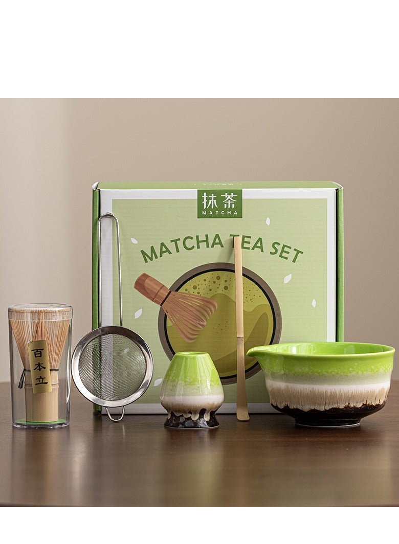 كينجمازي طقم ماتشا، 5 قطع طقم ماتشا، وعاء ماتشا سيراميك + حامل خفاقة + خفاقة خيزران + مغرفة + مصفاة شاي، طقم شاي ماتشا مصنوع يدويًا لتحضير شاي ماتشا التقليدي، طقم هدايا ماتشا طبيعي 100% (أخضر) - Image 1