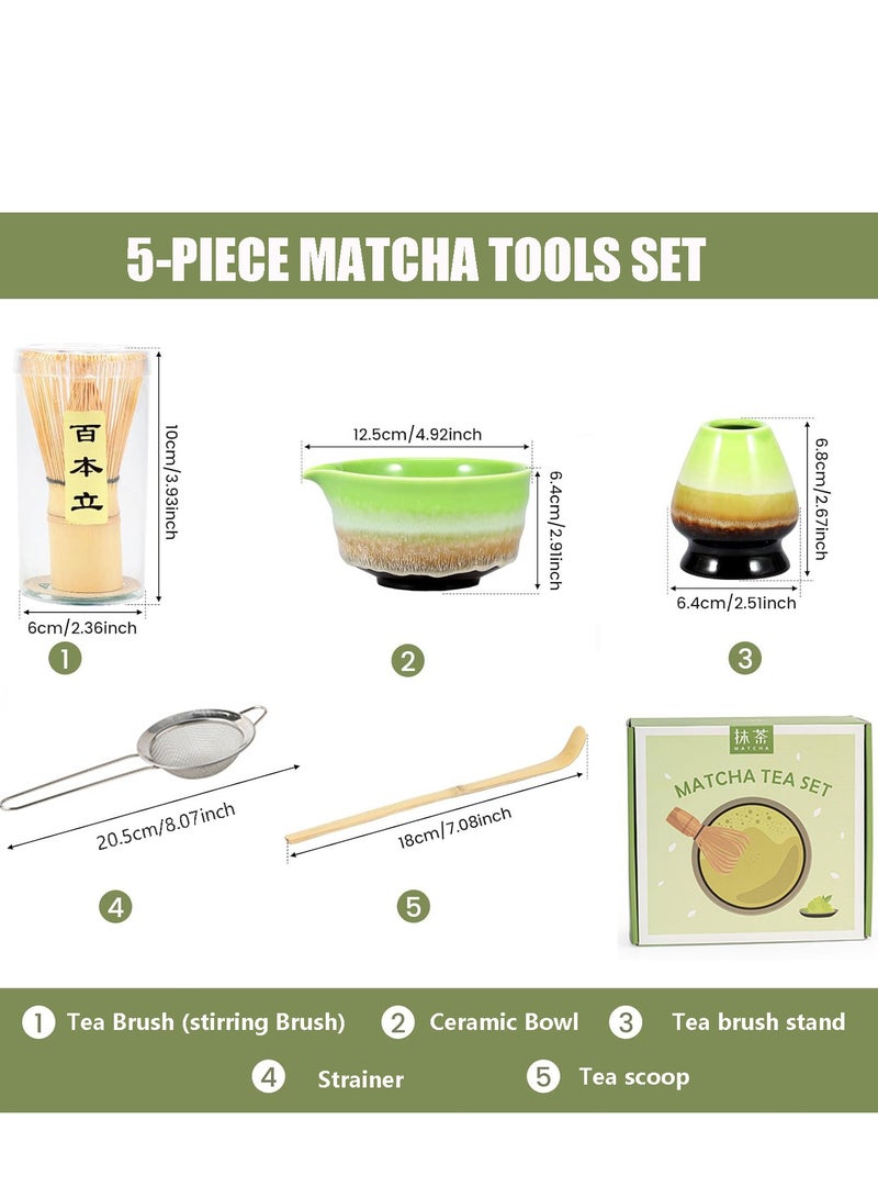 كينجمازي طقم ماتشا، 5 قطع طقم ماتشا، وعاء ماتشا سيراميك + حامل خفاقة + خفاقة خيزران + مغرفة + مصفاة شاي، طقم شاي ماتشا مصنوع يدويًا لتحضير شاي ماتشا التقليدي، طقم هدايا ماتشا طبيعي 100% (أخضر) - Image 2