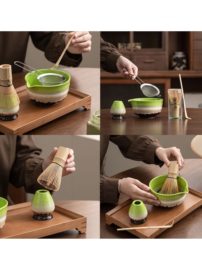 كينجمازي طقم ماتشا، 5 قطع طقم ماتشا، وعاء ماتشا سيراميك + حامل خفاقة + خفاقة خيزران + مغرفة + مصفاة شاي، طقم شاي ماتشا مصنوع يدويًا لتحضير شاي ماتشا التقليدي، طقم هدايا ماتشا طبيعي 100% (أخضر) - Image 5