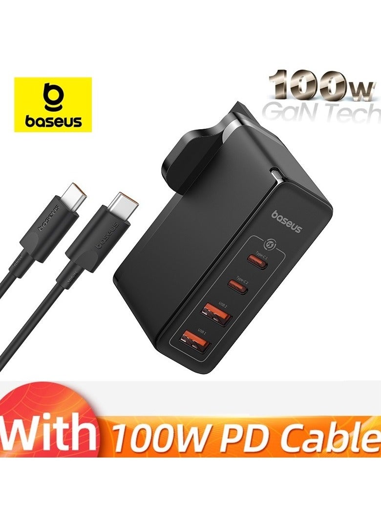 بيسوس شاحن USB C، شاحن حائط 100 واط PD 3.0/QC 4.0 مع كابل USB C إلى C بطول 3.3 قدم، شاحن GaN5 بأربعة منافذ لأجهزة الكمبيوتر المحمولة، iPad Pro، سلسلة iPhone 15/Pro/14/13، Galaxy S24/S23، MacBook Pro 16 ''، سطح البخار - Image 1