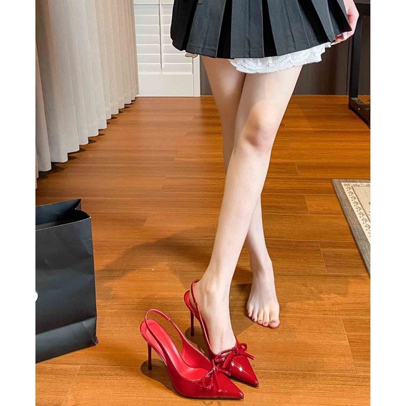 Pointed Red High-Heeled Shoes With Bow Tie Thin Heel Sandals Women'S Empty Shoes - Image 3