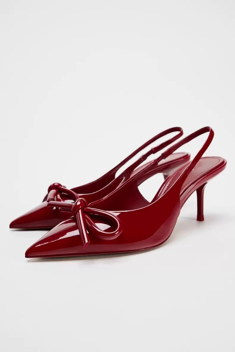Pointed Red High-Heeled Shoes With Bow Tie Thin Heel Sandals Women'S Empty Shoes - Image 1