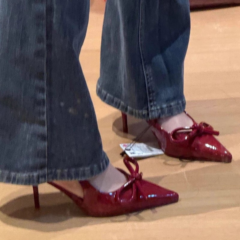 Pointed Red High-Heeled Shoes With Bow Tie Thin Heel Sandals Women'S Empty Shoes - Image 2