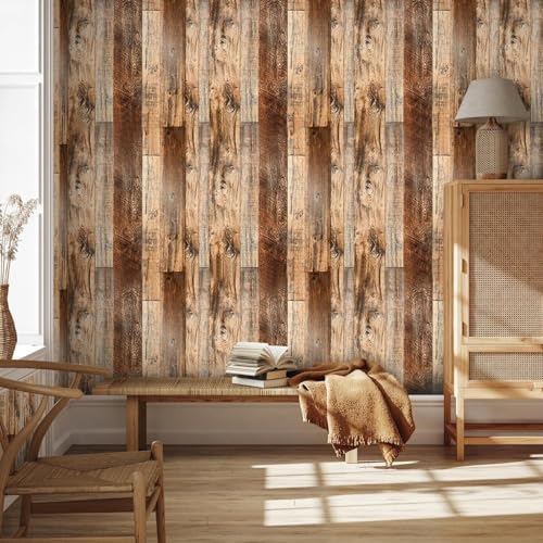 TANONE Wood Contact Paper Kitchen Peel and Stick Wallpaper, Self Adhesive Removable Wallpaper Countertops Waterproof, Shiplap Wall Paper Wood Vinyl Wrap for Cabinets Rustic Brown 17.5" X 984" - Image 2