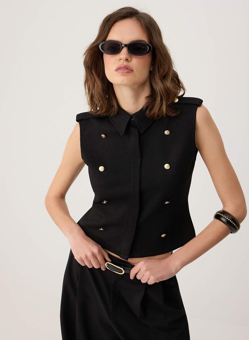 trendyol Black Fitted/Slim Fit Shirt Collar Buttons Buttoned Scuba Crepe Knitted Vest - Image 1