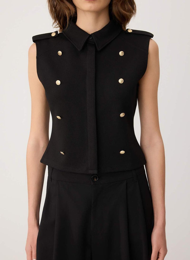 trendyol Black Fitted/Slim Fit Shirt Collar Buttons Buttoned Scuba Crepe Knitted Vest - Image 3