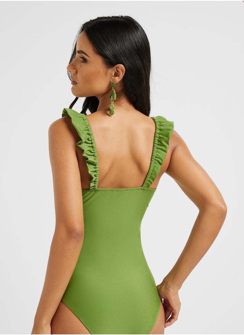 ELLA - Ruffle Shoulder Swimsuit With Printed Sarong - Image 1