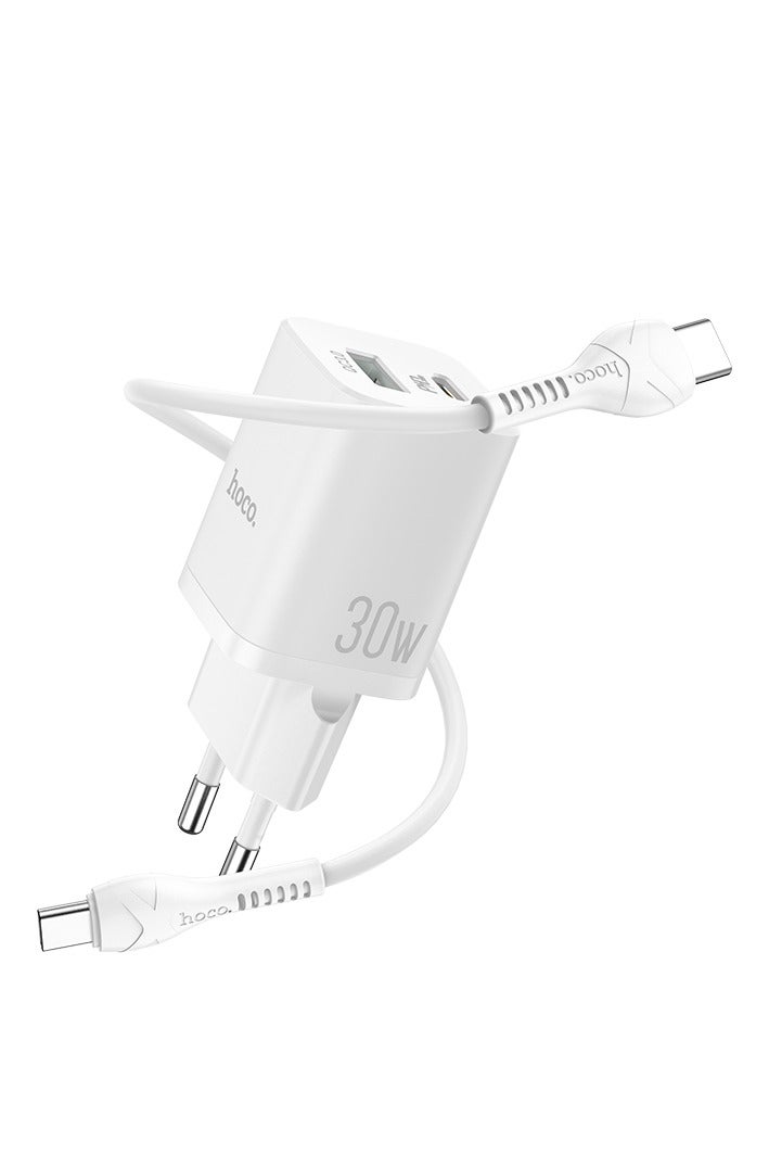 Hoco N13 - Bright Dual Ports Fast Charger, Set With Type-C To Type-C Cable (3A - 30W - 1M), Support PD30W, QC3.0/2.0, FCP,SCP, AFC, Compatible with iPhone Samsung Xiaomi Oppo Huawei - White - Image 1