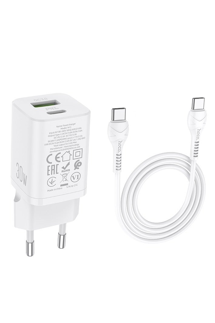 Hoco N13 - Bright Dual Ports Fast Charger, Set With Type-C To Type-C Cable (3A - 30W - 1M), Support PD30W, QC3.0/2.0, FCP,SCP, AFC, Compatible with iPhone Samsung Xiaomi Oppo Huawei - White - Image 3