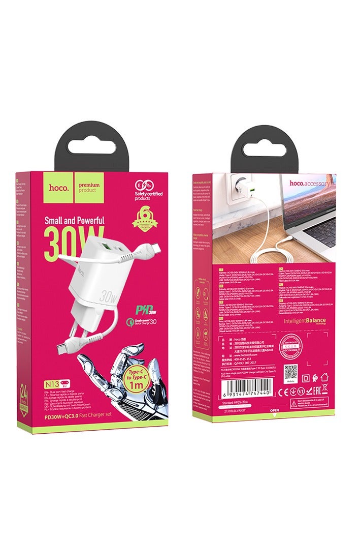 Hoco N13 - Bright Dual Ports Fast Charger, Set With Type-C To Type-C Cable (3A - 30W - 1M), Support PD30W, QC3.0/2.0, FCP,SCP, AFC, Compatible with iPhone Samsung Xiaomi Oppo Huawei - White - Image 4