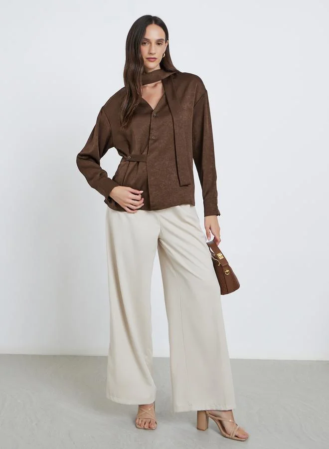Styli Styli Brown Tie-Neck Buttoned Blouse