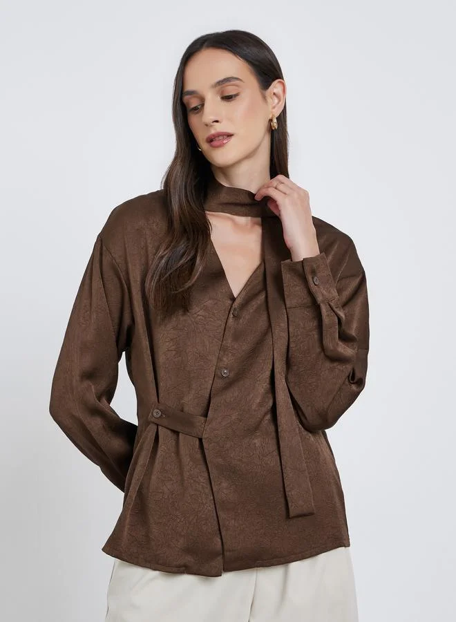 Styli Styli Brown Tie-Neck Buttoned Blouse