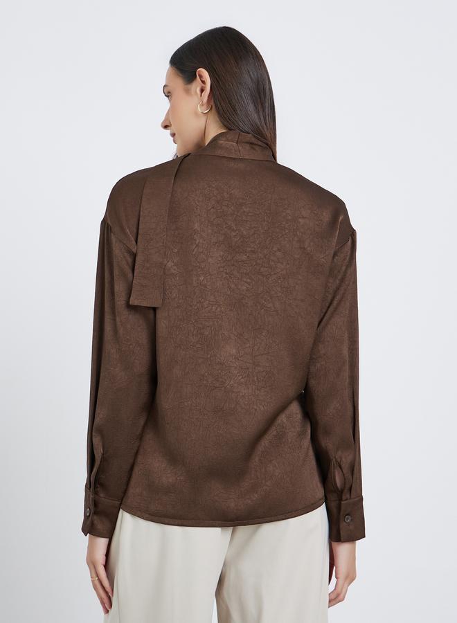 Styli Brown Tie-Neck Buttoned Blouse - Image 4