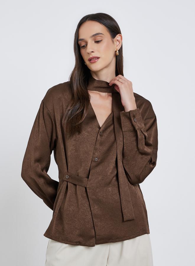 Styli Brown Tie-Neck Buttoned Blouse - Image 1
